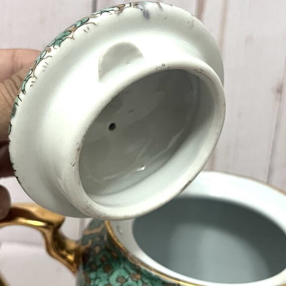 Vintage A.C.F. Mid Century Japanese Porcelain Tea Set Green Floral Gold Enamel - Picture 6 of 16